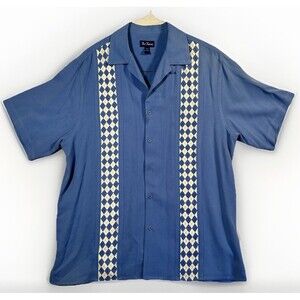 Paul Fredrick Silk Camp Shirt Men’s Large Blue Diamond Stripe Short Sleeve